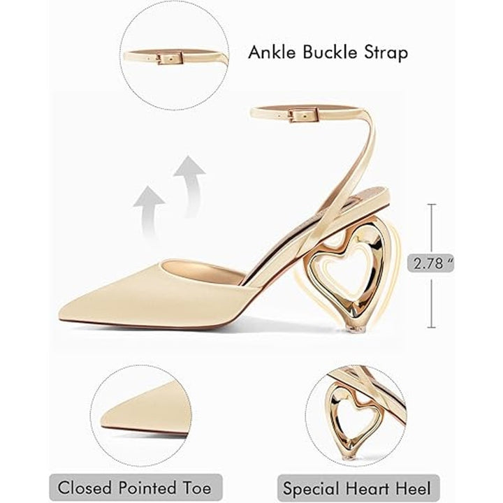 New Coutgo Womens Size 8 Champagne Tan Closed Toe Heart Heel Ankle Strap Shoes