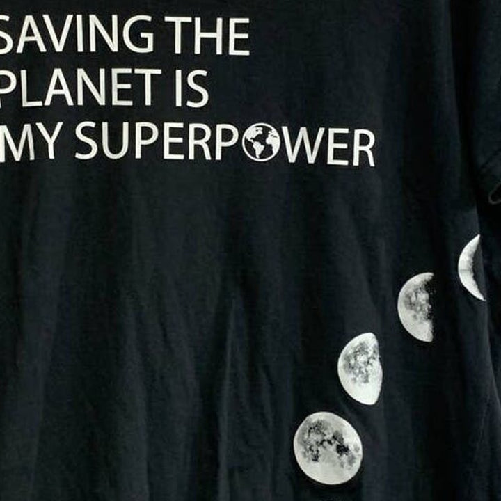 Hand Printed Upcycled Womens Large Saving the Planet is My Superpower Moon Tee