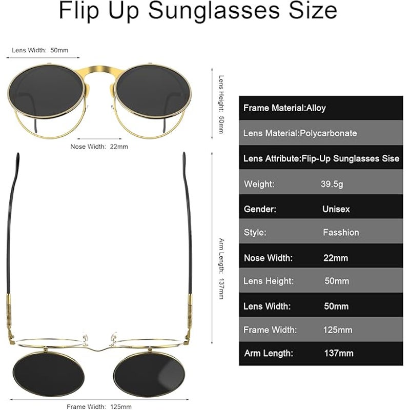 New Yvey Unisex Gold Black Retro 80s 90s Flip-Up Round Steampunk Sunglasses