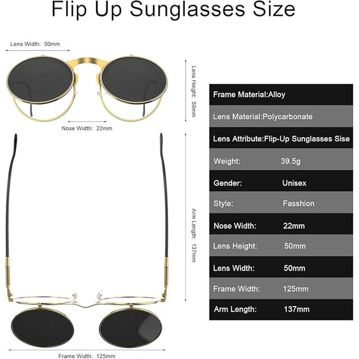 New Yvey Unisex Gold Black Retro 80s 90s Flip-Up Round Steampunk Sunglasses