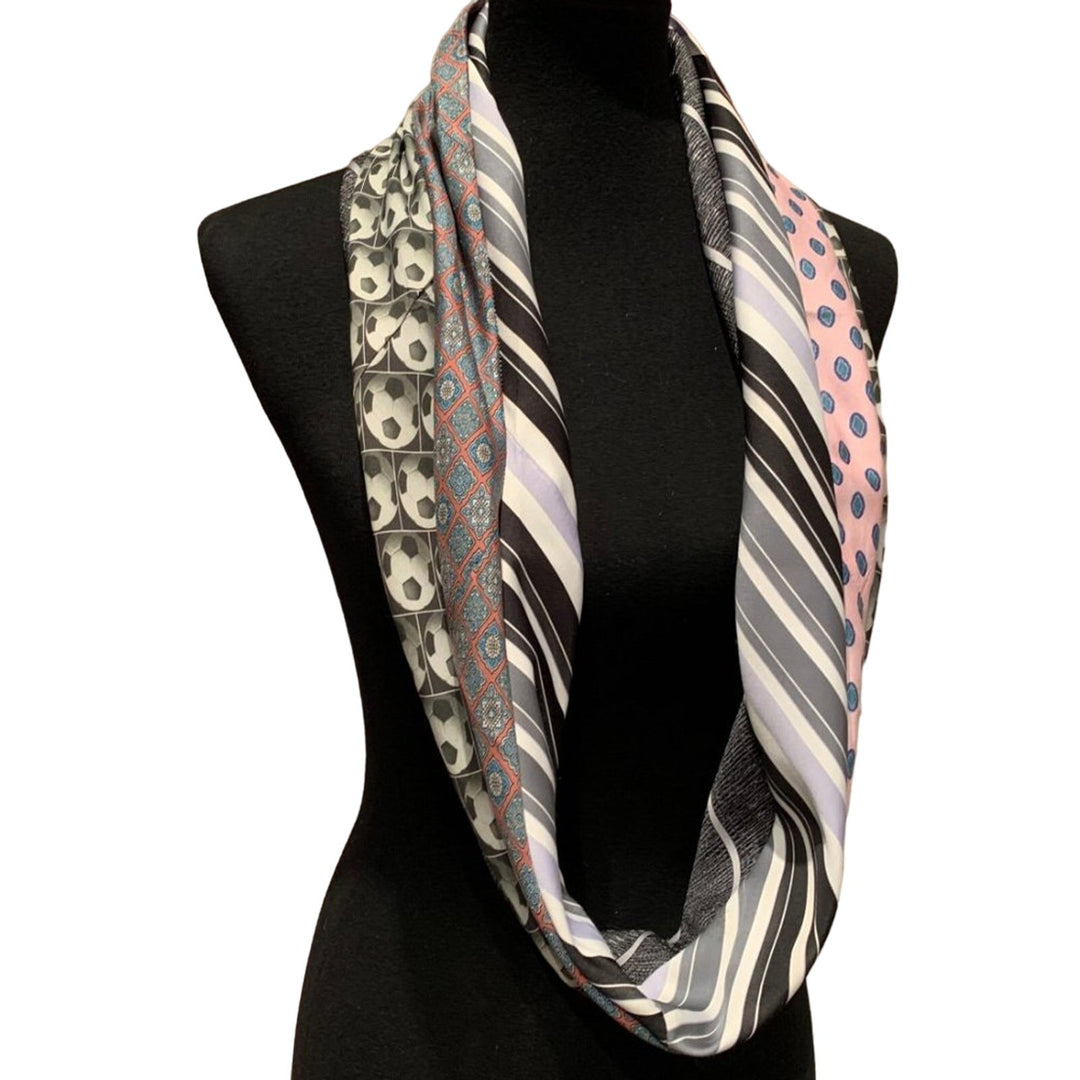 Handmade Upcycled Soccer Ball Necktie Infinity Scarf, Pink &amp; Gray