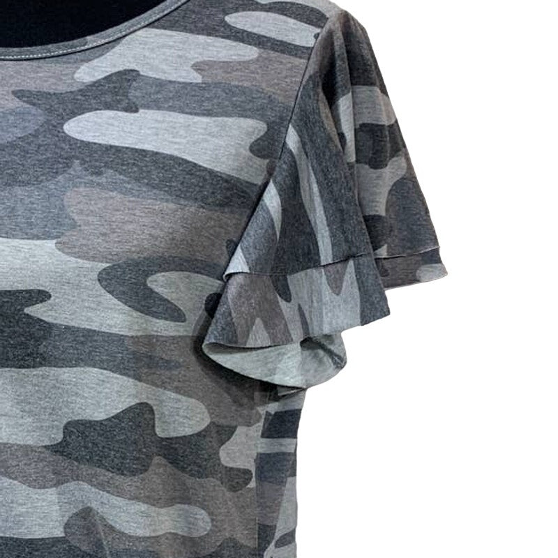 Hand Printed Upcycled Small Black Lab Dog Puppy Camouflage Ruffled T-Shirt Dress