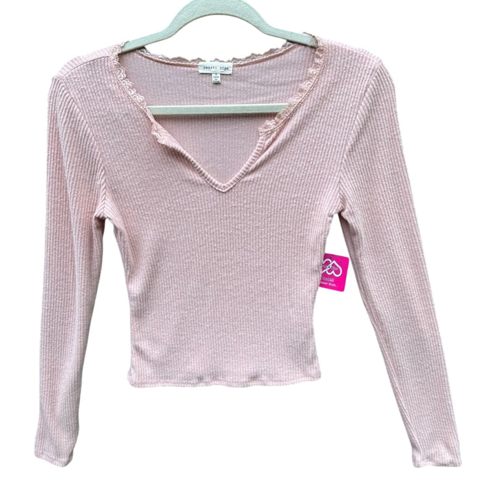 NWT New Heart &amp; Hips Juniors Small Ribbed Lace Trim Long Sleeve V Neck Top