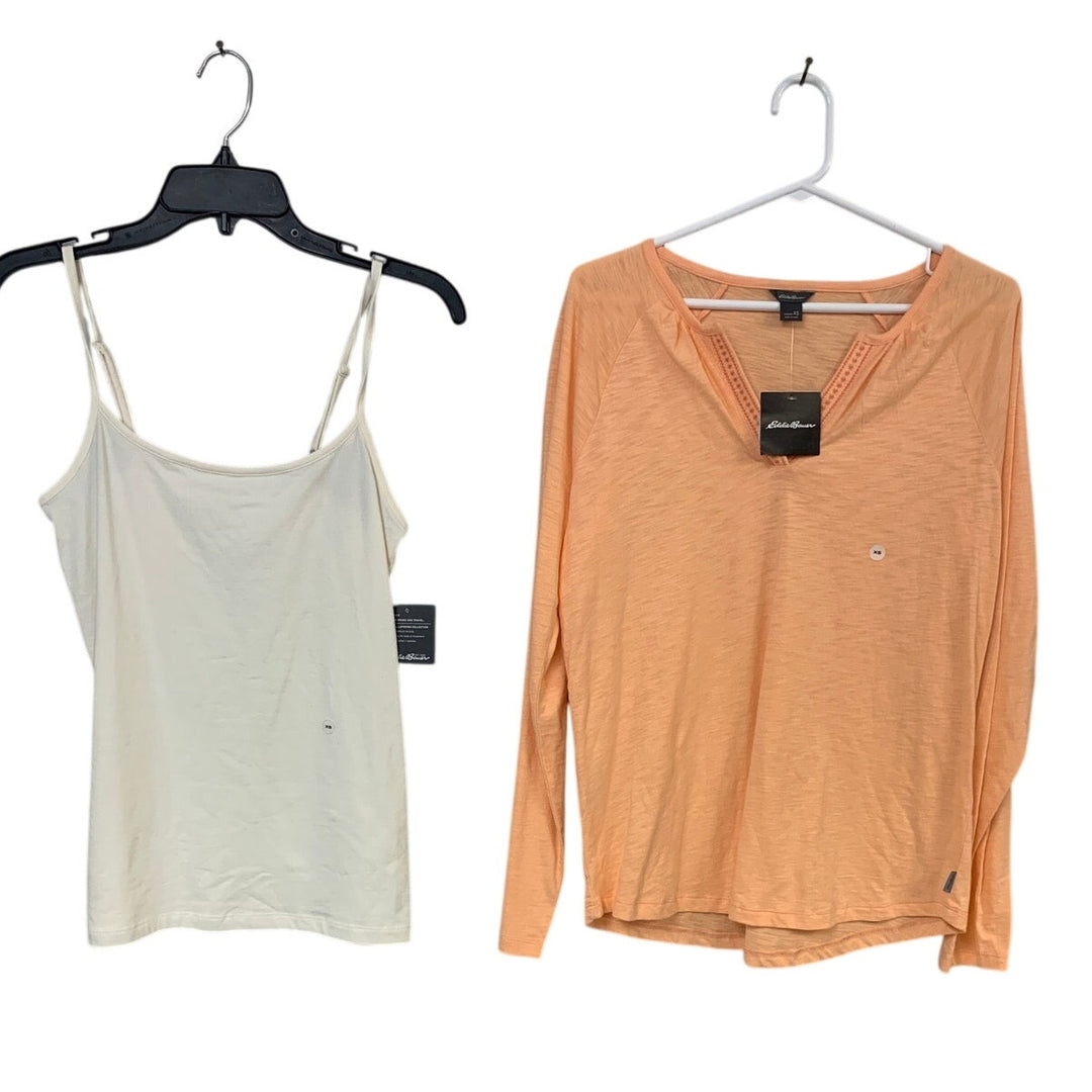 2 New Eddie Bauer Womens XS Orange White Slub Essential Layering Cami Tee Shirts