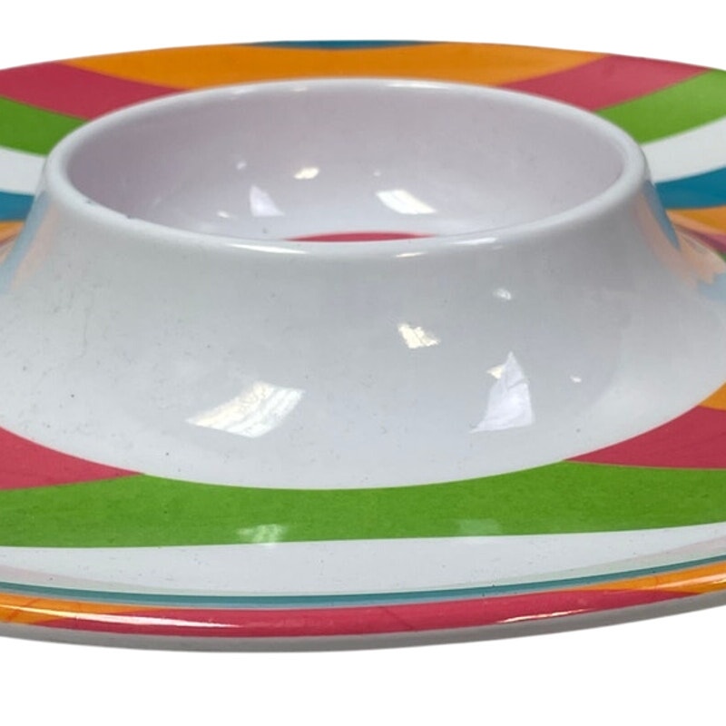 Fun Striped 15" Round Plastic Party Chip and Dip Tray w Attached Bowl