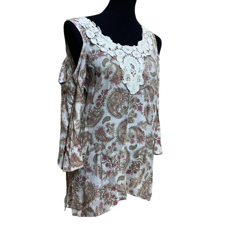 Spense Womens Medium Floral Lace Cold Shoulder Long Sleeve Rayon Blend Blouse