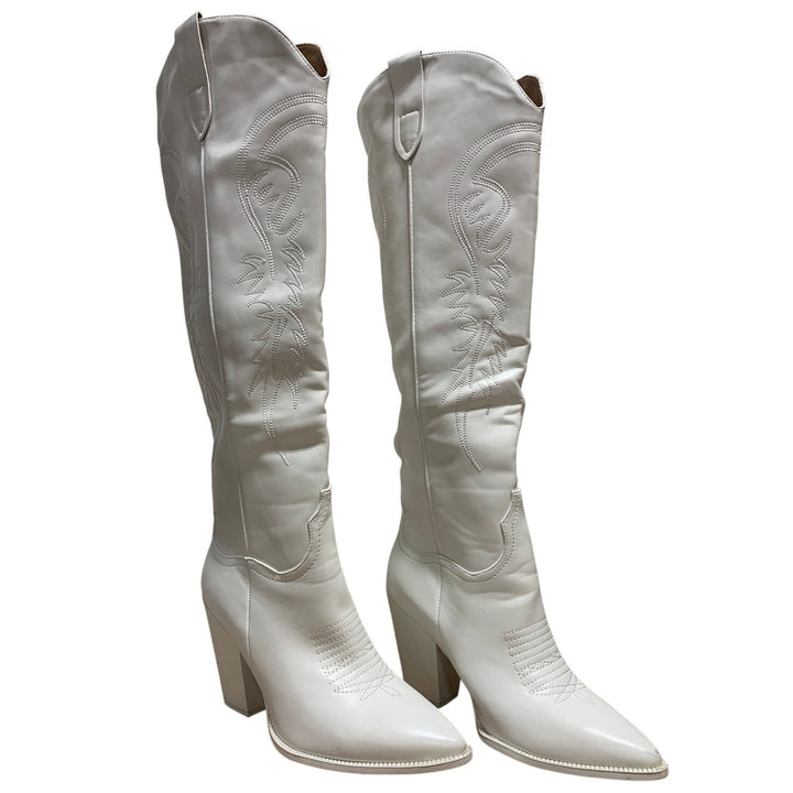 Isnom Womens Size 9 White Faux Leather 4" Heel Knee High Cowboy Western Boots