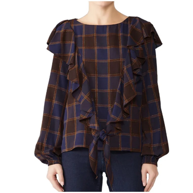 Nicole Miller Artelier Womens Medium Plaid Boyfriend Ruffle Long Sleeve Blouse