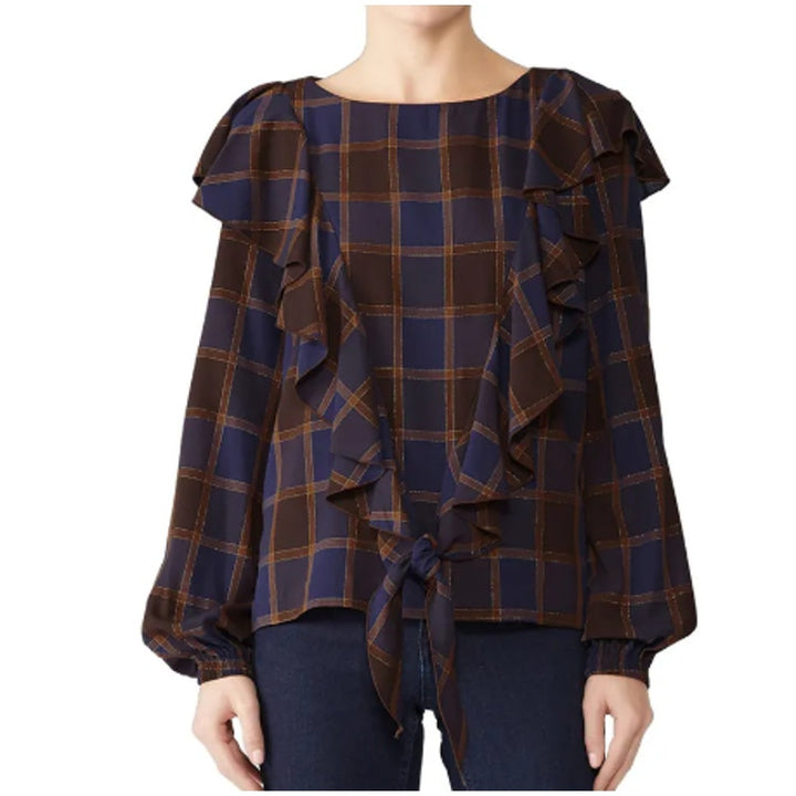 Nicole Miller Artelier Womens Medium Plaid Boyfriend Ruffle Long Sleeve Blouse