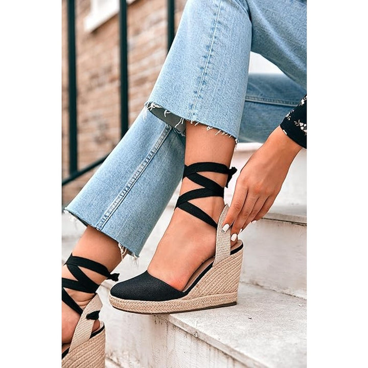 New Ermonn Womens 8.5 Black Espadrille Platform Closed Toe Ankle Strap Sandals