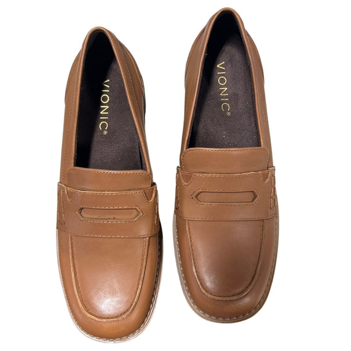 New Vionic Womens Size 6.5 Chestnut Brown Leather Fillmore Slide On Loafer Shoes