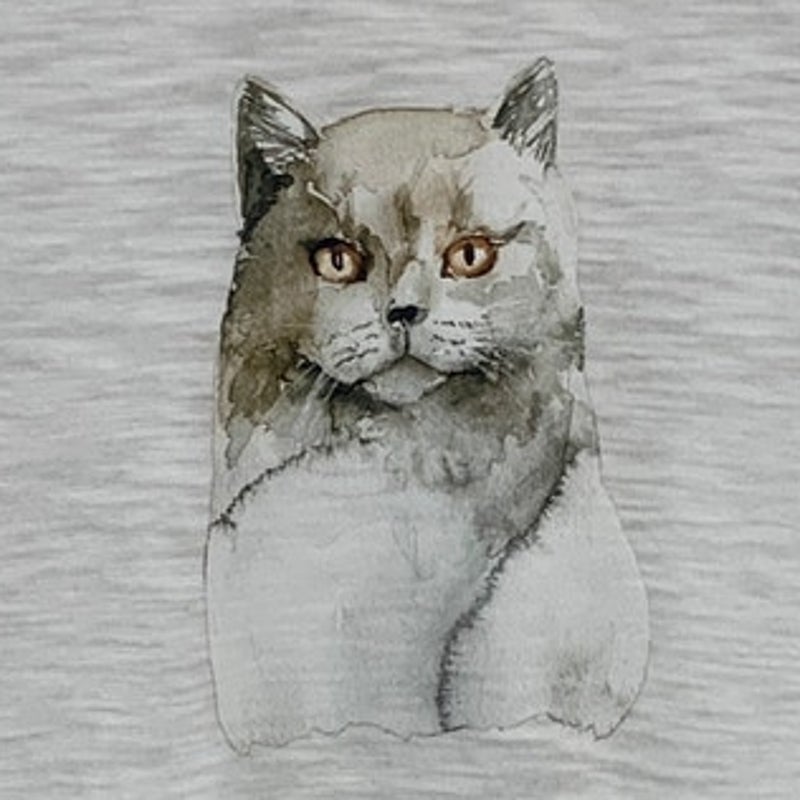 Upcycled Hand Printed Womens Medium Gray Cat Ruffle Bottom Half Sleeve Top