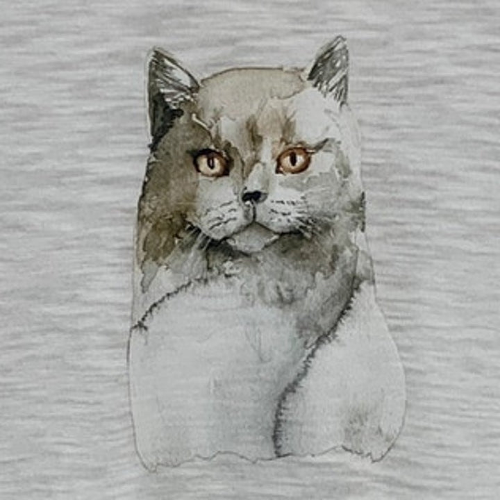 Upcycled Hand Printed Womens Medium Gray Cat Ruffle Bottom Half Sleeve Top