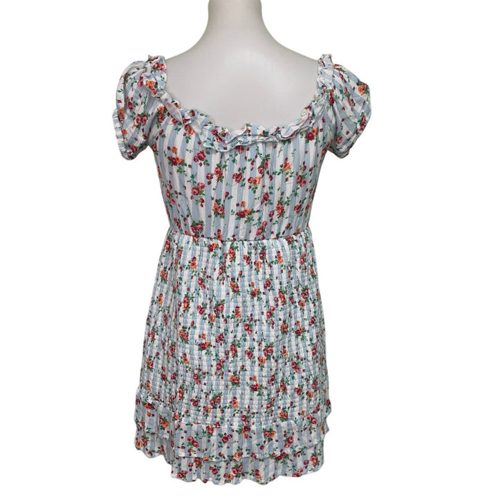Peach Love California Womens Medium Striped Floral Short Sleeve Smocked Dress