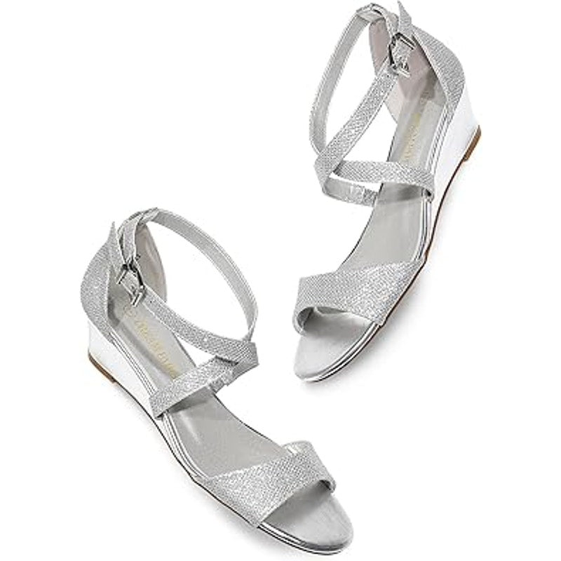 Dream Pairs Womens 8W Wide Silver Glitter Ankle Strap Open Toe 2" Wedge Heels