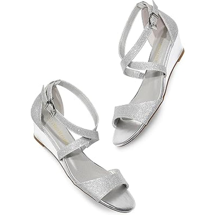 Dream Pairs Womens 8W Wide Silver Glitter Ankle Strap Open Toe 2" Wedge Heels