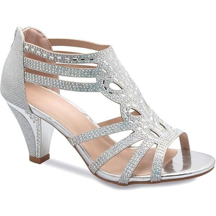 New Forever Olivia K Womens Size 7.5 Silver Glitter Open Toe 3" Rhinestone Heels