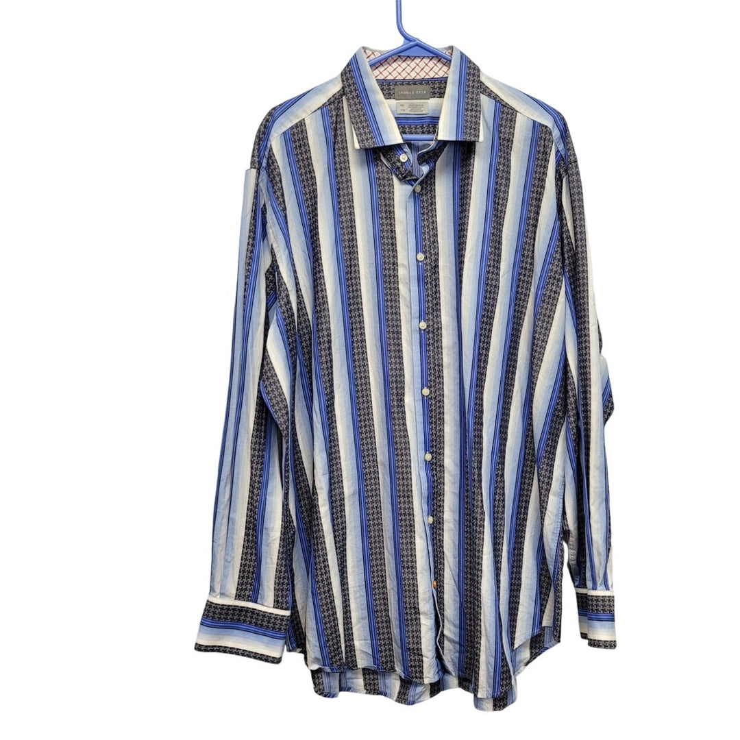 Thomas Dean Mens XXL 100% Cotton Striped Long Button Up Shirt w Front Pocket