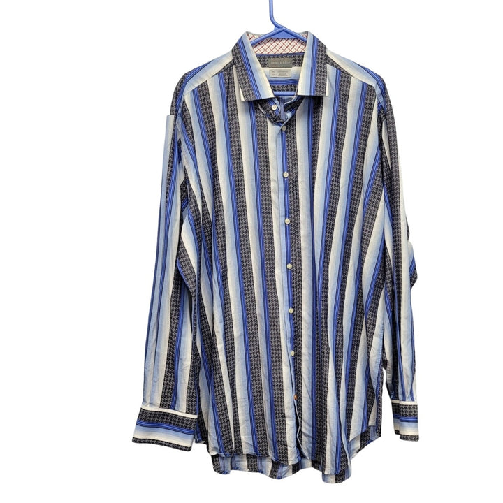 Thomas Dean Mens XXL 100% Cotton Striped Long Button Up Shirt w Front Pocket