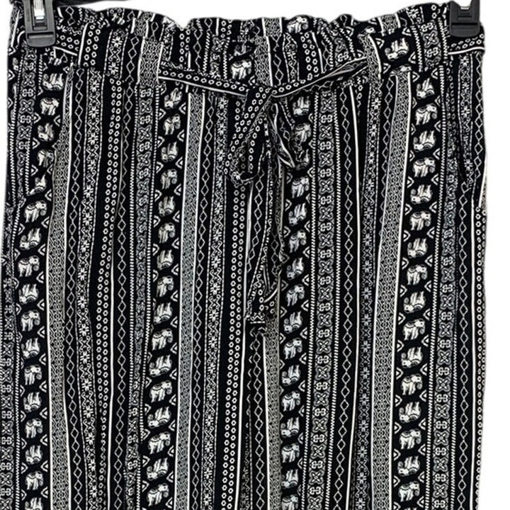 NWT New Joey B Womens XL Black White 100% Rayon Boho Elephant Fabric Belt Pants