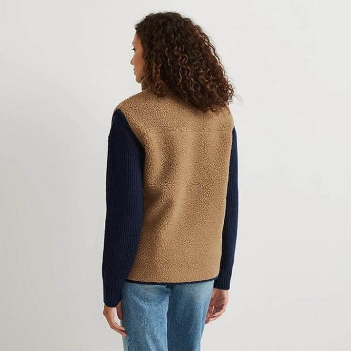 New Eddie Bauer Womens Large Navy Tan Zip Up Chilali Faux Shearling Fleece Vest