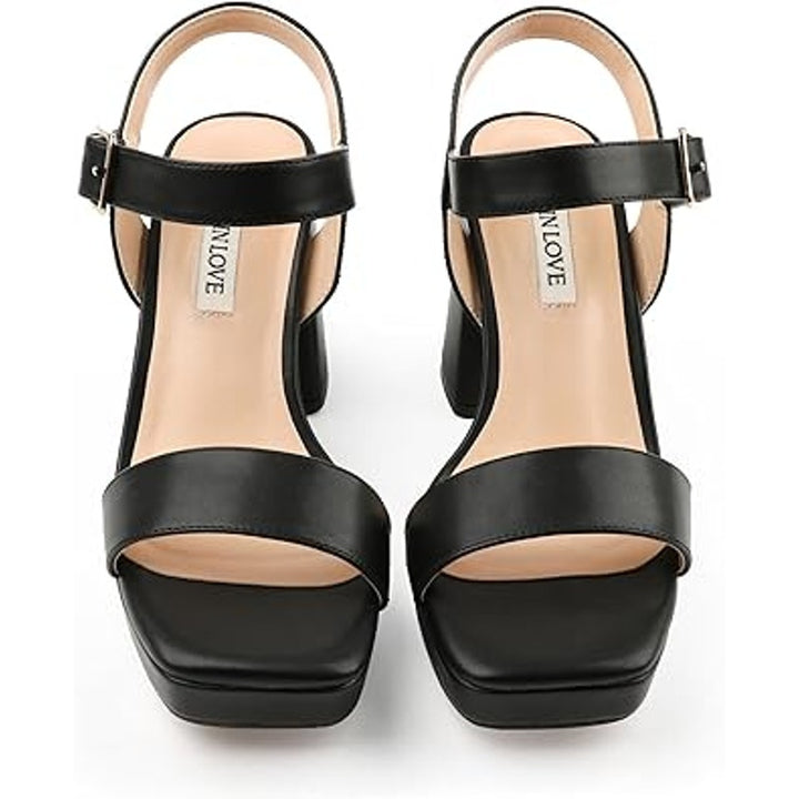 Joy In Love Women Size 11 Black Faux Leather 4" Block Heel Open Toe Sandal Shoes