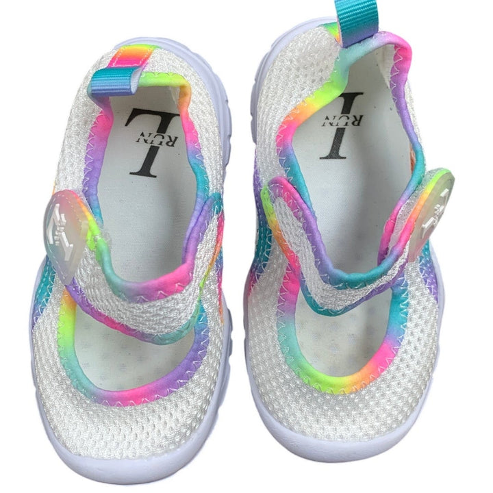 New L-Run Toddler Girl Size 5.5 White Rainbow Mesh Non Slip Hook Loop Shoes