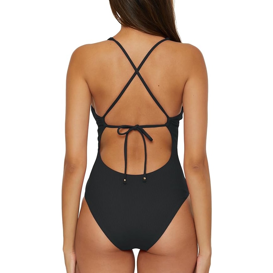 NWT New Becca Womens Large Black Ribbed Plunge Neck Tie Back One Piece Swimsuit