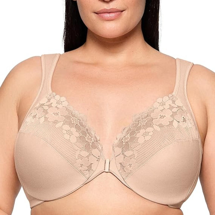 New Glamorise Womens Size 38DD Unlined Underwire Floral Lace Front Closure Bra