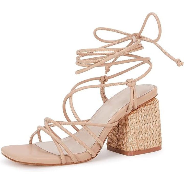 PiePieBuy Womens 9 Tan Gladiator Lace Up 3.5" Chunky Braided Heel Sandal Shoes