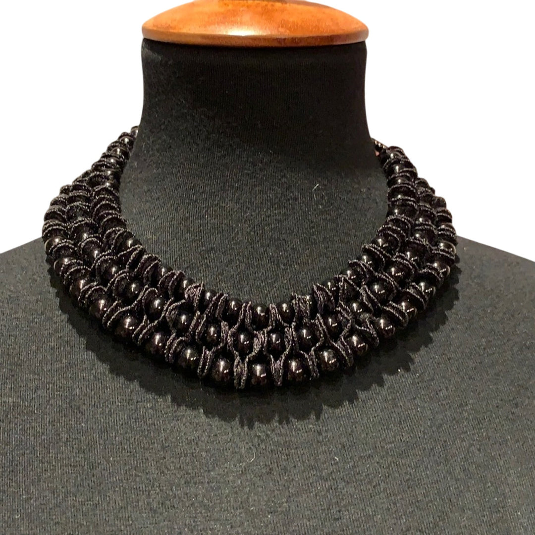 New Black Beaded Lacy Faux Pearl 3 Strand Choker Necklace With Red Gift Box