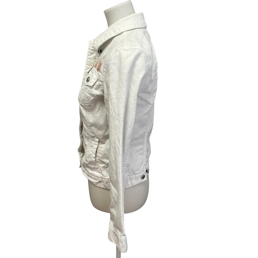 Hand Printed Upcycled Tommy Hilfiger Womens Medium Floral White Jean Jacket
