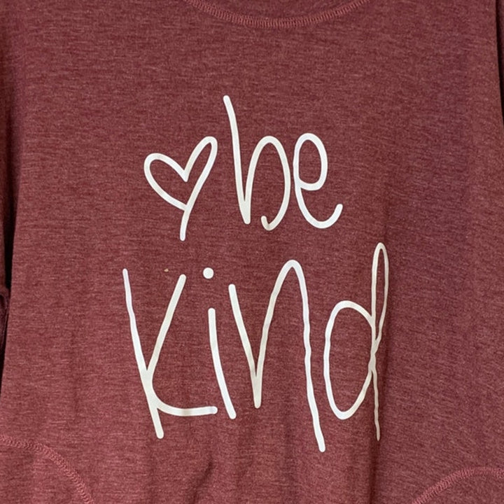 Upcycled Hand Printed Womens Large Pink Be Kind Heart Long Sleeve Tee Shirt EUC
