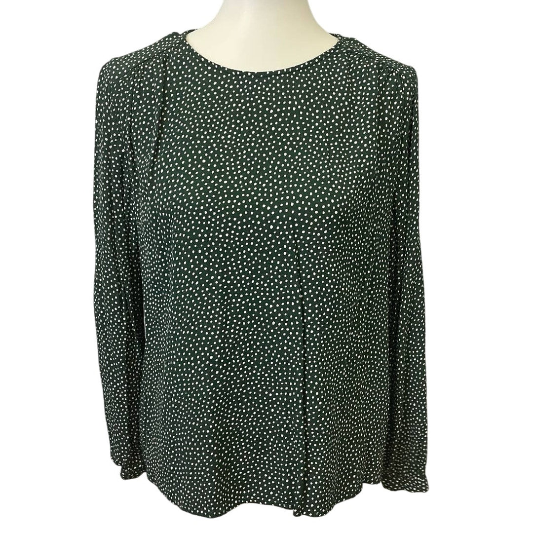 H&amp;M Womens Size 12 100% Viscose Long Sleeve Forest Green Polka Dot Blouse Top
