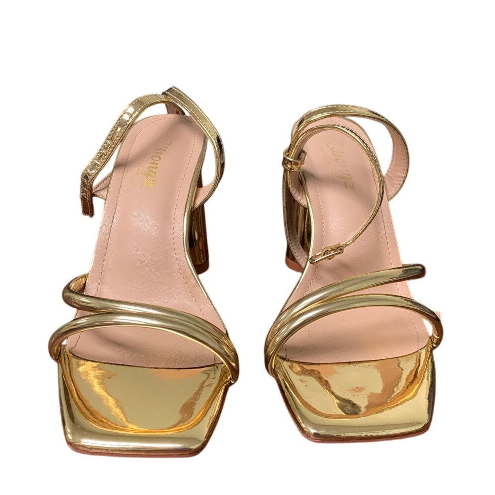 Ribongz Womens Size 6.5 Shiny Gold 4" Block Heel Open Toe Ankle Strap Shoes