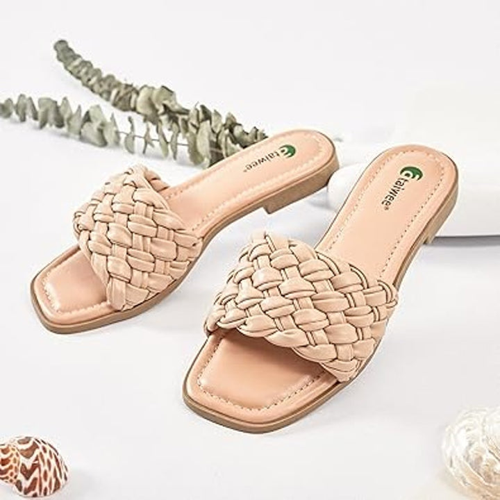 Ataiwee Womens Size 8 Tan Braided Faux Leather Slide On Open Toe Sandal Shoes