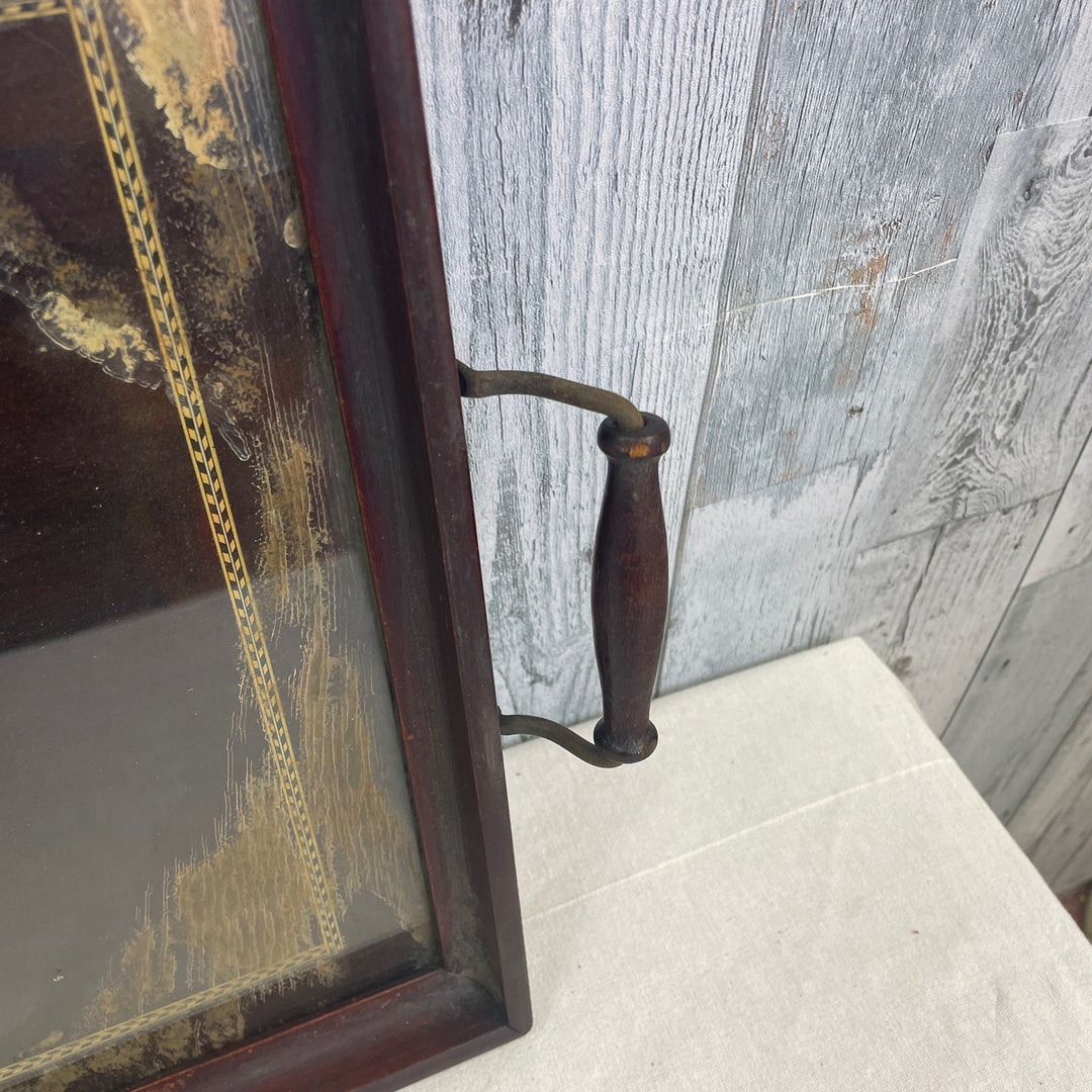 Vintage Glass Top Floral Aged Patina Wooden Tray Velvet Back Missing Handle