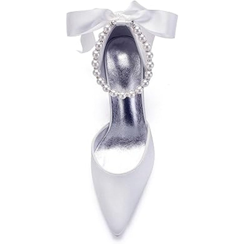 Womens Size 6.5 White Pearl Close Pointy Toe 3.5" Heel Ankle Strap Wedding Shoes