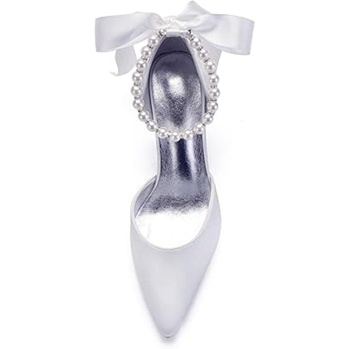 Womens Size 6.5 White Pearl Close Pointy Toe 3.5" Heel Ankle Strap Wedding Shoes