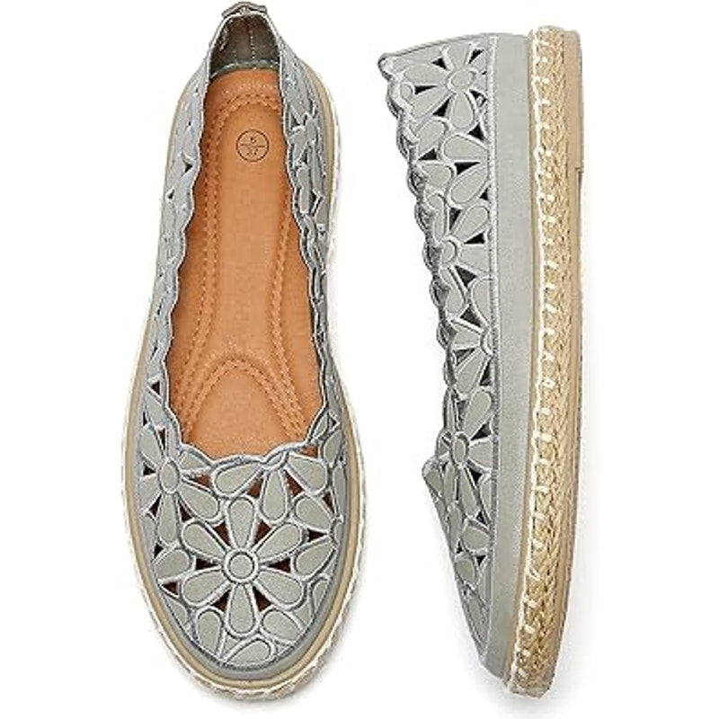 New Heawish Womens 9.5 Silver Daisy Flower Cutout Espadrille Ballet Flat Shoes