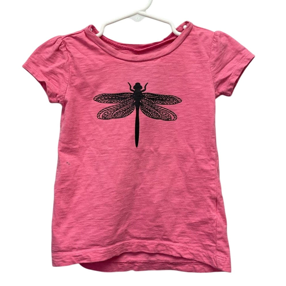 Hand Printed Upcycled Girls 2T Dragonfly Short Sleeve Cotton Blend Crew Neck Tee