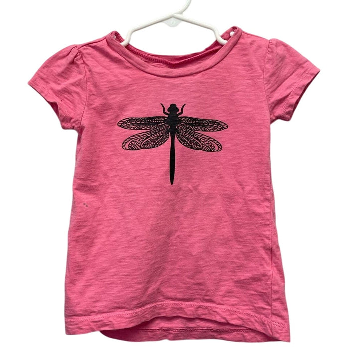 Hand Printed Upcycled Girls 2T Dragonfly Short Sleeve Cotton Blend Crew Neck Tee