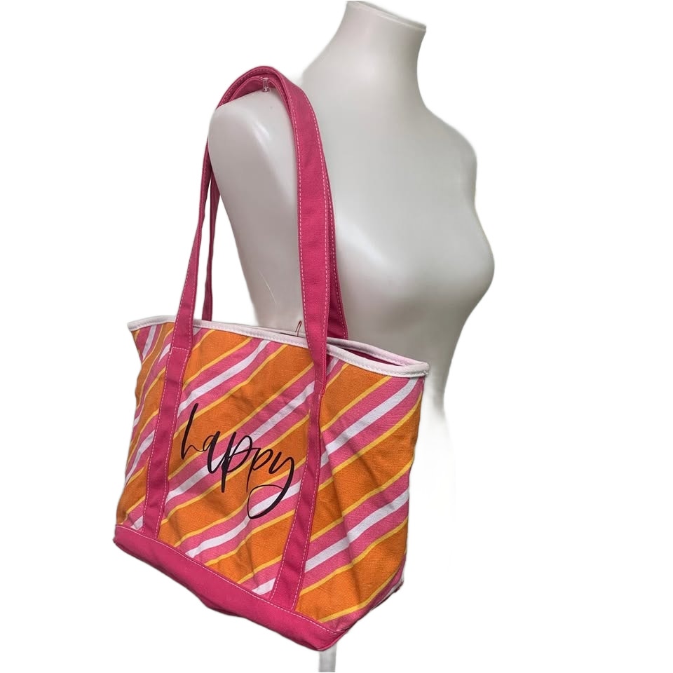 Upcycled Hand Printed Happy Beach Interior Pockets Canvas Double Handle Tote Bag