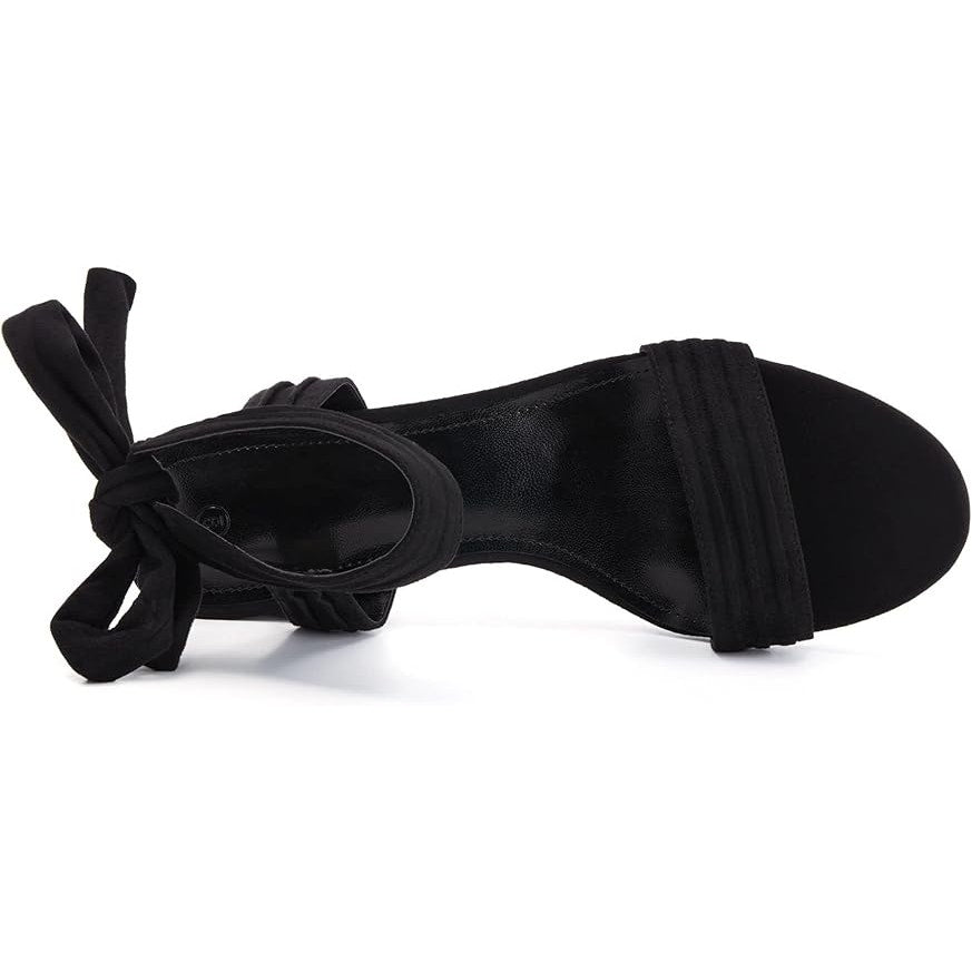 Coutgo Womens 9 Black Faux Suede Open Toe Ankle Tie Back 3" Block Heels Shoes