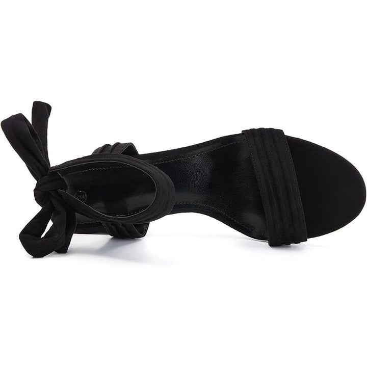 Coutgo Womens 9 Black Faux Suede Open Toe Ankle Tie Back 3" Block Heels Shoes