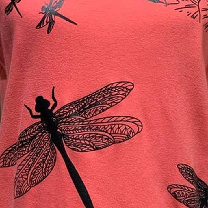 Hand Printed Upcycled Womens Large Dragonfly Short Sleeve Crew Neck Tee