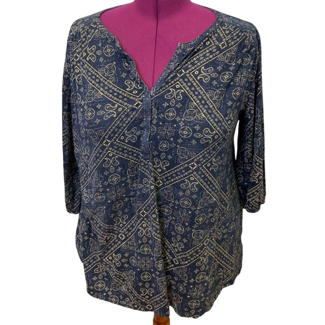 Lucky Brand Womens 3X 3/4 Sleeve Hidden Button V-Neck Cotton Blend Floral Top