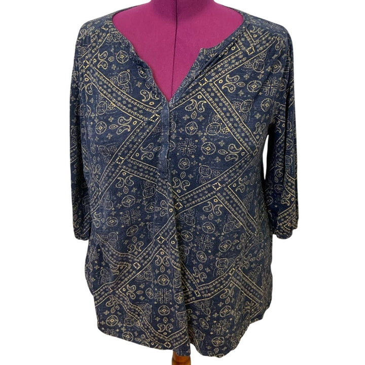 Lucky Brand Womens 3X 3/4 Sleeve Hidden Button V-Neck Cotton Blend Floral Top