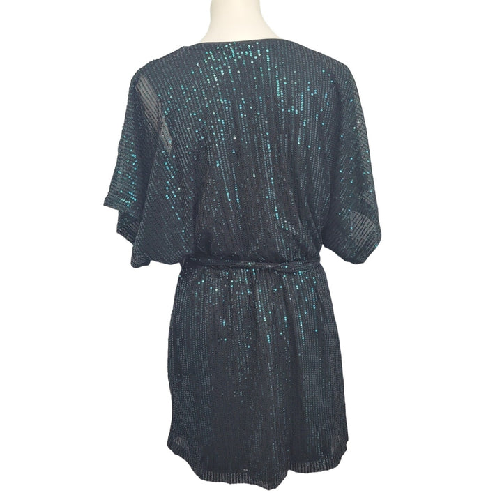 Shein Womens 8-10 100% Polyester Sequin Lined Short Sleeve Faux Wrap Dress