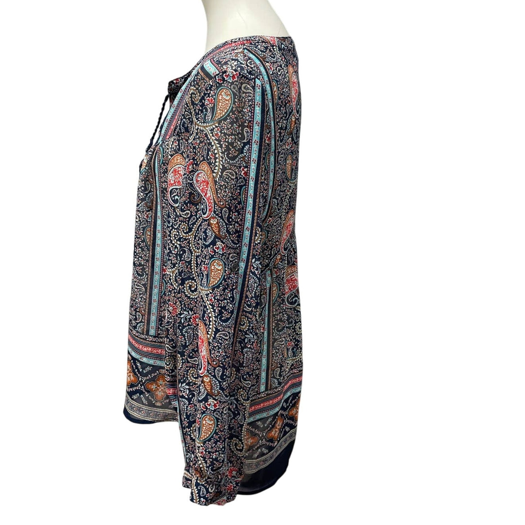 DR2 Small Long Sleeve Sheer Boho Paisley Front Tie Floral Polyester Top Blouse